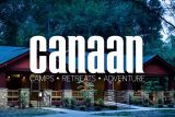 A rustic cabin with a wooden porch is nestled among tall trees, with the Canaan logo overlaid on top. The setting evokes a tranquil environment perfect for summer camps and corporate retreats.