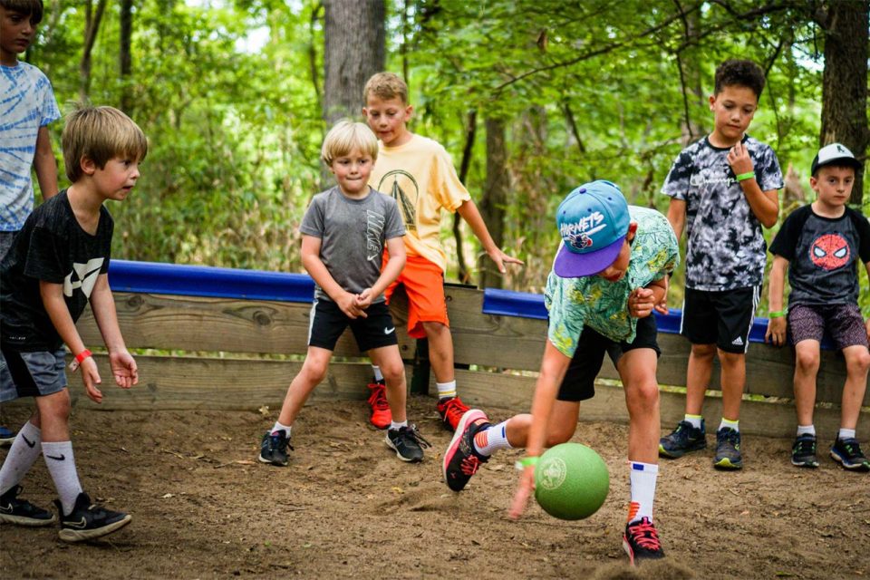 group of junior day campers play GaGa ball in the GaGa pit