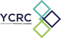 Logo of YCRC (Yellow City Regional Chamber) featuring the acronym "YCRC" in bold black letters on the left, complemented by three interlocking squares in teal, navy blue, and lime green on the right.