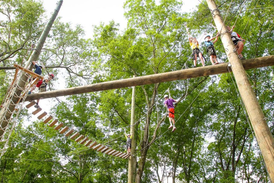 A group of people traverse high ropes and log bridges suspended between trees in a lush, wooded area. Some walk across the log, while others use a rope bridge. Everyone is wearing safety harnesses and helmets, engaged in the high ropes course adventure.