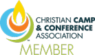 A logo for the Christian Camp & Conference Association featuring a stylized flame encircled by a blue and green swoosh, with the words "Christian Camp & Conference Association" to the right and "Member" below in green.