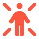 A red icon depicting a simplified human figure at the center with four triangular rays or arrows pointing outward from the head, arms, and legs, suggesting motion, action, or focus on the person.